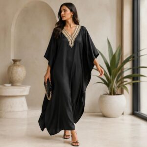 Elegant kaftan with Embroidered neckline